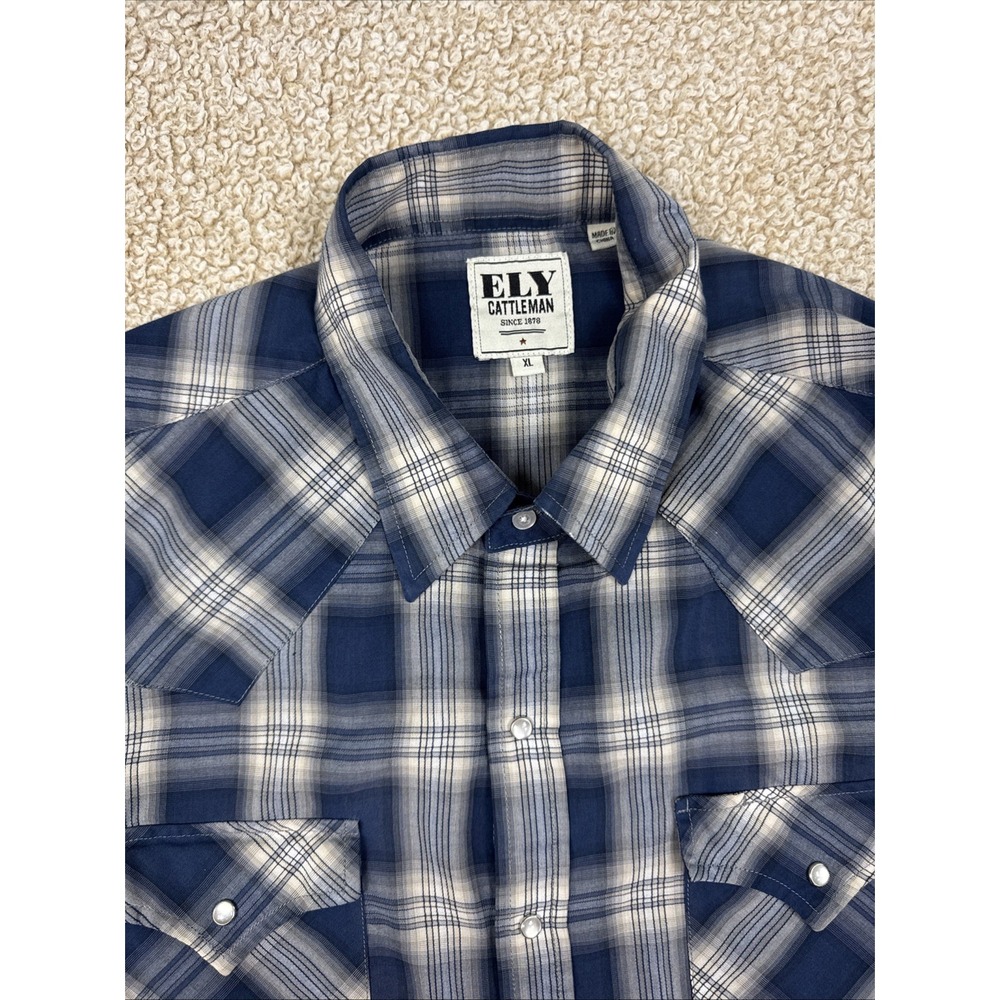Ely Cattleman Shirt Mens XL Blue Gray Plaid Western Pearl Snap Flannel READ - Picture 9 of 12